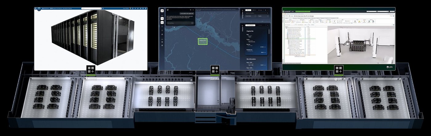 그림 11. Omniverse DSX Blueprint 디지털 트윈 — Dassault·Jacobs·PTC 도구가 연동된 AI 팩토리 부지 화면. (사진: NVIDIA)